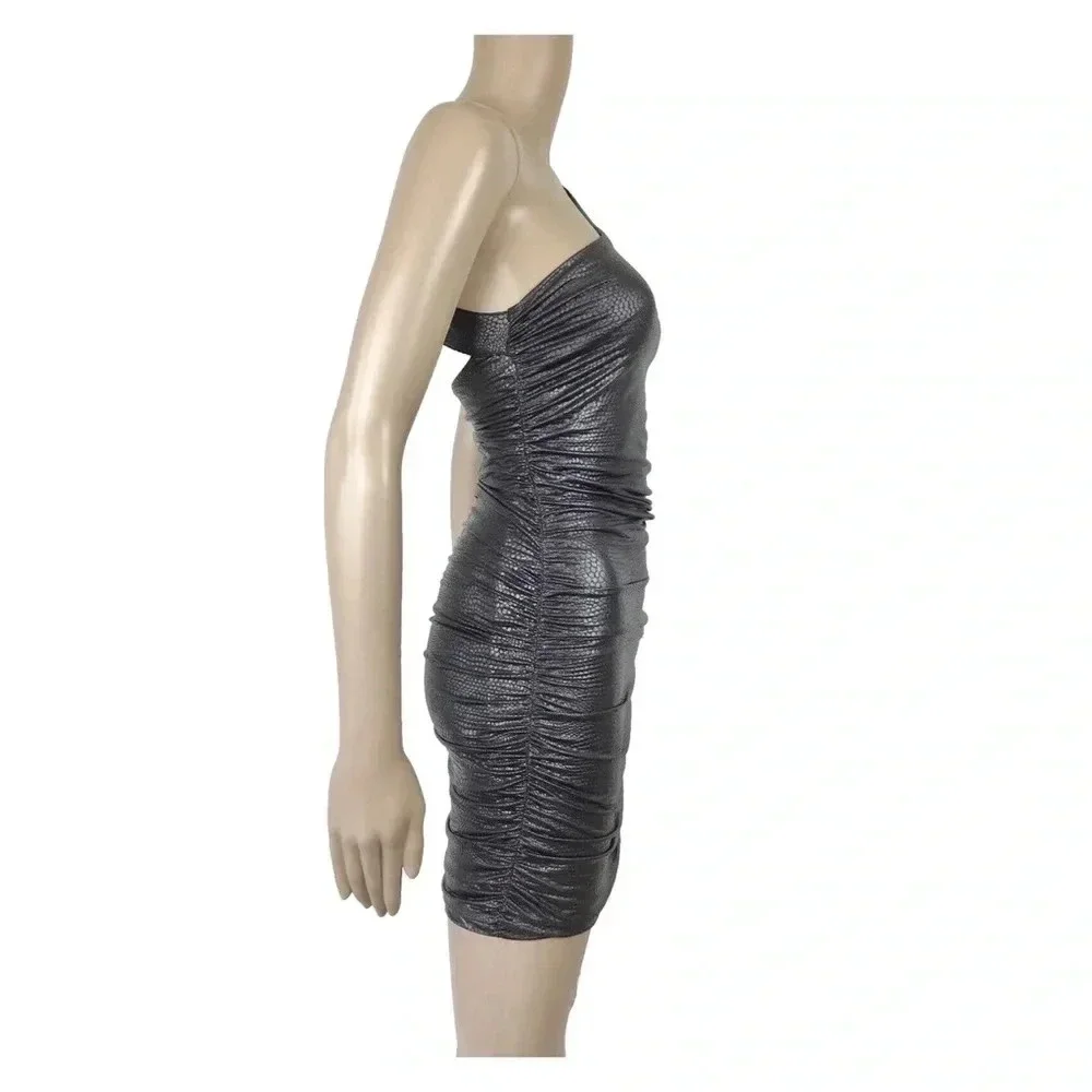 BEBE - Black Textured Cut Out Back Ruching One Shoulder Dress - Picture 2 of 8